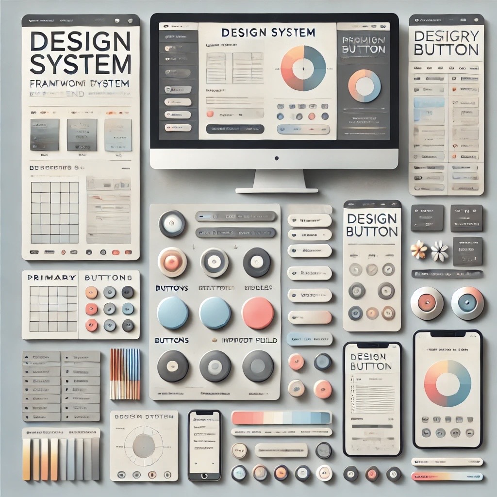 An organized grid layout showcasing a design system framework for frontend development, featuring various UI elements such as buttons, input fields, dropdown menus, sliders, and a color palette. The design includes clean typography, soft shadows, and a modern minimalistic style with responsive mockups of desktop and mobile screens on a neutral background with subtle gradients.