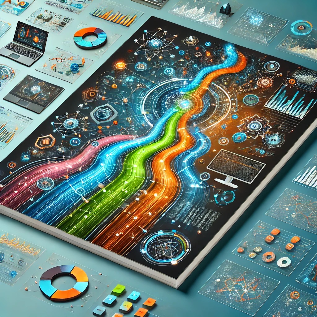 An abstract representation of a data science learning path featuring interconnected nodes and pathways. The image includes vibrant colors such as blue, green, and orange, depicting concepts like artificial intelligence, machine learning, data analytics, and quantum computing. The design incorporates futuristic data grids, computer screens with graphs, and flowing data streams to symbolize knowledge progression and innovation.