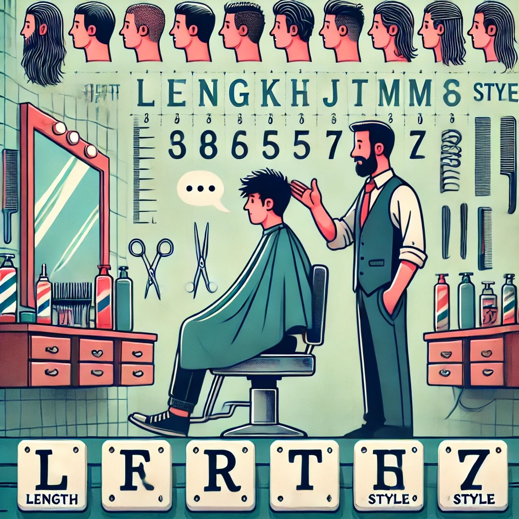 A barbershop with a customer explaining hair length to cut, featuring a chart of hair styles and labels, with English words like Length, Trim, and Style.