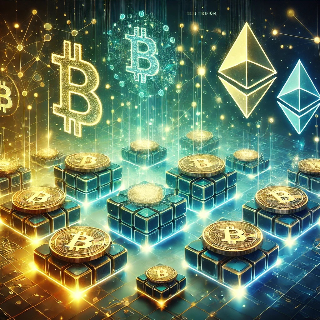 The image features a futuristic and visually captivating representation of blockchain and cryptocurrency concepts. It includes a glowing blockchain network with interconnected blocks forming a digital grid. Prominently displayed are symbols of popular cryptocurrencies like Bitcoin and Ethereum, floating above the network. The background is a high-tech gradient of vibrant blues, greens, and gold, symbolizing innovation, decentralization, and advanced technology. The overall design conveys a sleek, modern aesthetic ideal for educational or promotional purposes related to blockchain and cryptocurrency.