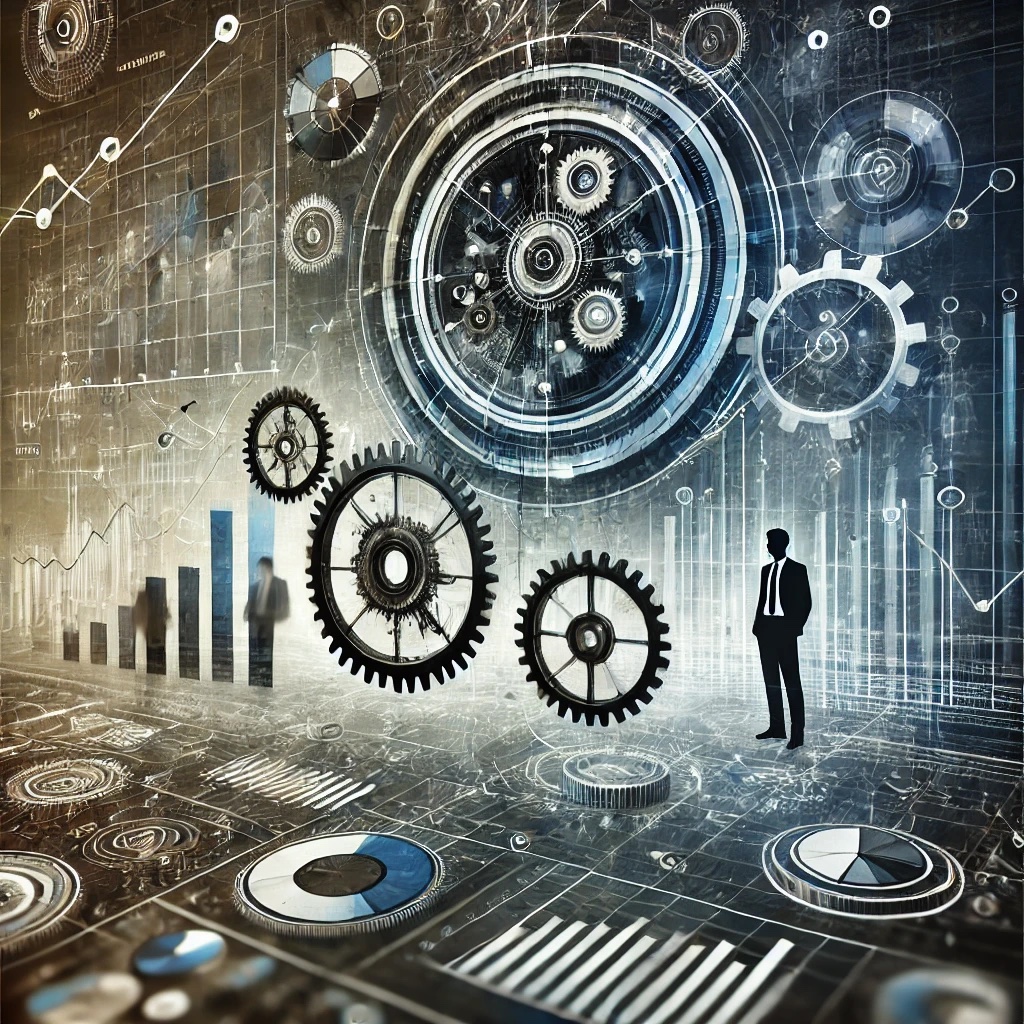 Abstract representation of strategic business principles with interconnected gears, charts, and abstract figures symbolizing growth, leadership, and planning, in a professional color palette.