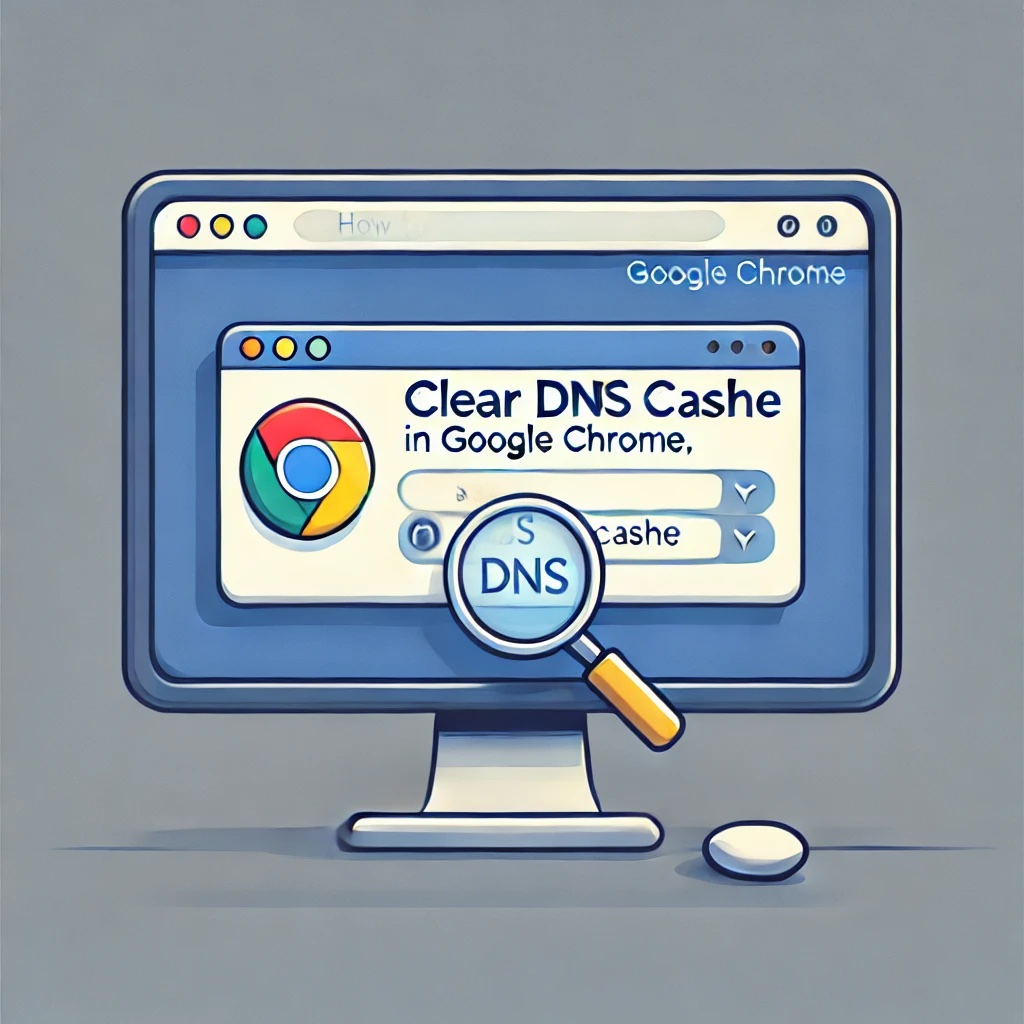 A computer screen displaying the Google Chrome browser window, with the settings icon highlighted, symbolizing the process of clearing DNS cache. A magnifying glass icon is shown near the DNS settings to indicate troubleshooting or clearing actions. The scene is minimalistic, focusing on the modern computer setup.