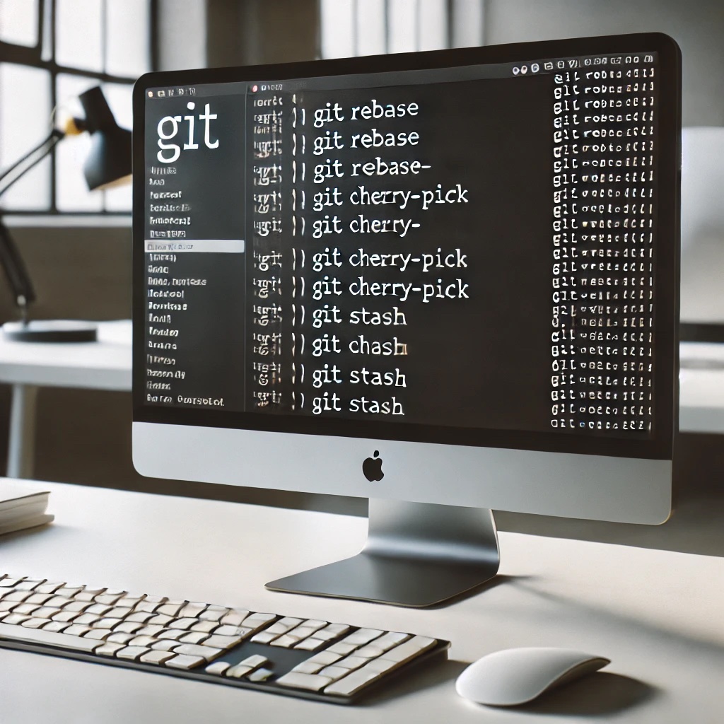 A clean, minimalistic workspace featuring a computer monitor showing Git commands like 'git rebase', 'git cherry-pick', and 'git stash' on the terminal. 