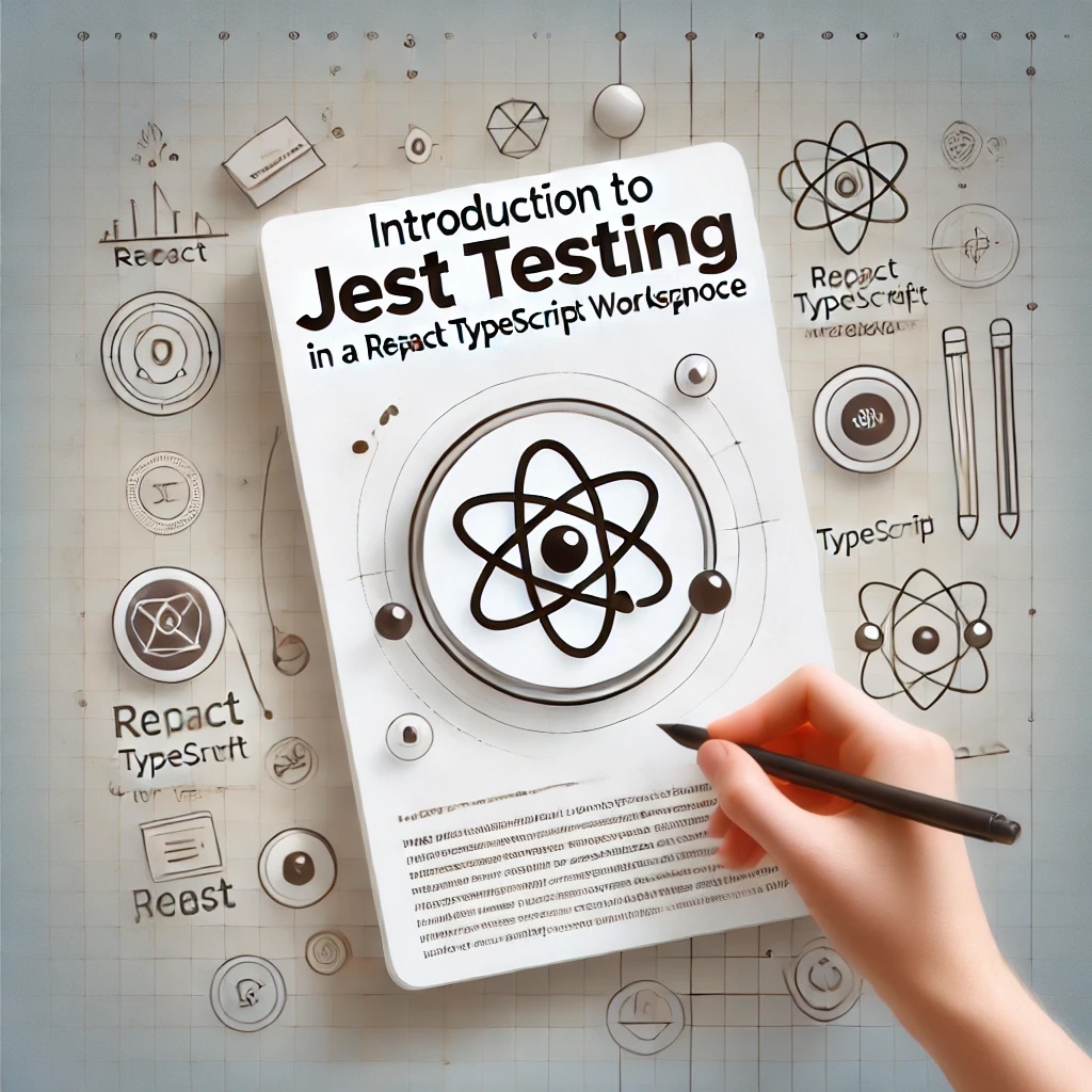 A professional marketing-style image with a handwritten title "Introduction to Jest Testing in a React TypeScript Workspace" in neat, handwritten text, featuring symbols representing React (atom icon) and Jest (testing icons), set against a clean, minimalist background with subtle gradients.