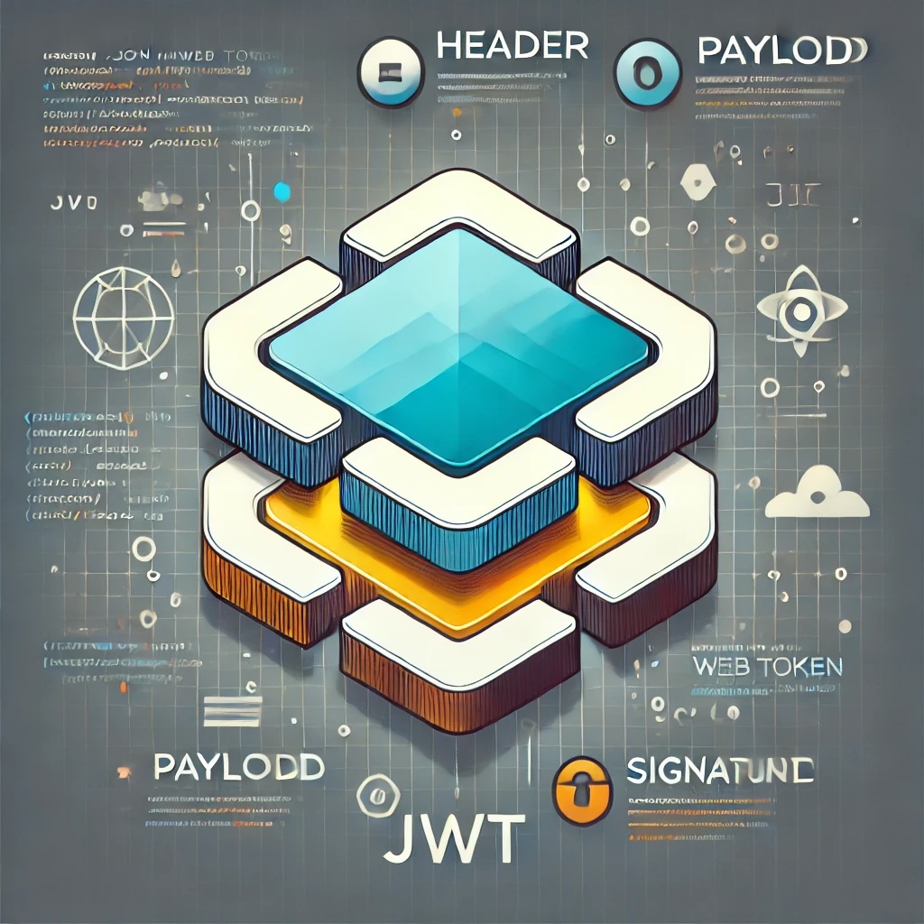 Stylized diagram of a JSON Web Token (JWT) showcasing its three-part structure: header, payload, and signature, each represented by distinct color blocks. The background subtly includes elements related to web development, such as JavaScript code snippets, network icons, and security symbols like padlocks, emphasizing secure data transmission in modern web applications.