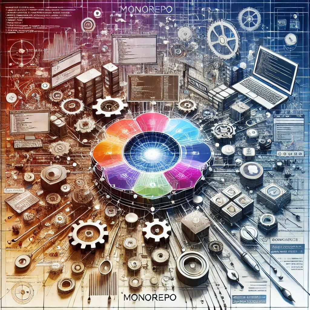 Visual representation of a unified software development workspace, showing interconnected code branches, tools, and modules symbolizing a structured monorepo. Elements suggest connectivity, collaboration, and organized code structure in a modern, technical aesthetic.