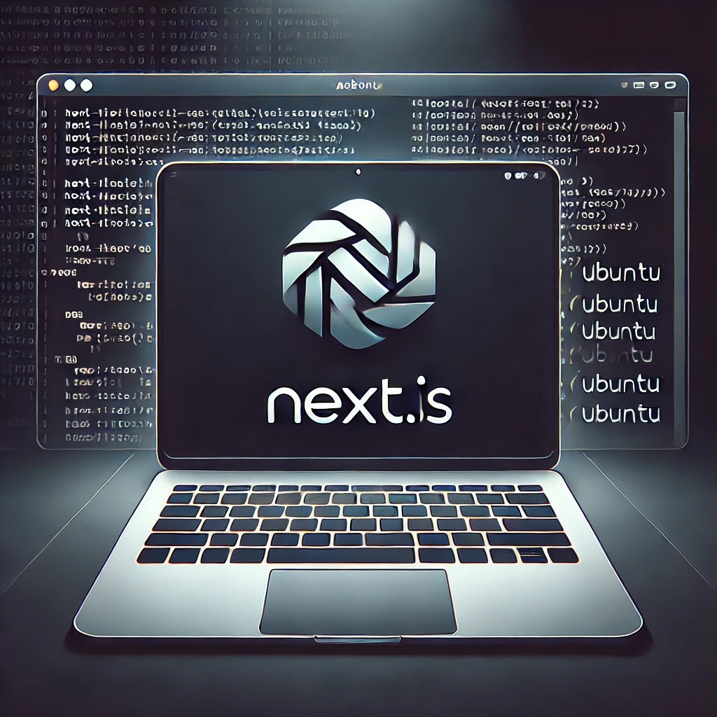 A laptop screen showing the Next.js logo, with a terminal window displaying code running on Ubuntu in the background. The design is sleek with a dark theme, minimalistic icons for Ubuntu and Next.js.