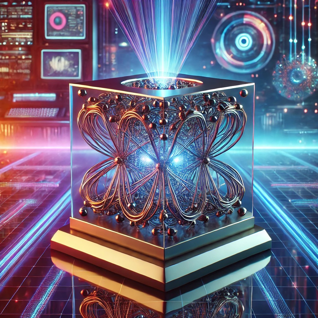 The image features a futuristic quantum computer in a high-tech laboratory. The quantum computer is a sleek metallic structure with glowing qubits and intricate entangled wires emitting a bluish light. The background showcases a vibrant scientific ambiance, including digital holograms, colorful neon lights, and a cutting-edge lab setting, evoking a sense of innovation and advanced technology.