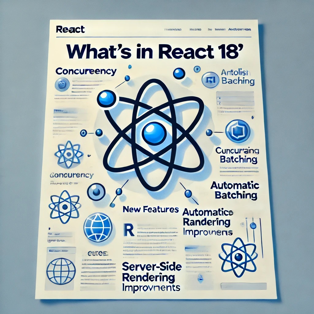 An illustration featuring a stylized React logo in the center, representing the new features of React 18. The background has a gradient of blue and white with subtle icons hinting at advancements like concurrency and server-side rendering. The text resembles English letters but is not fully readable, giving the image a modern and technical feel.