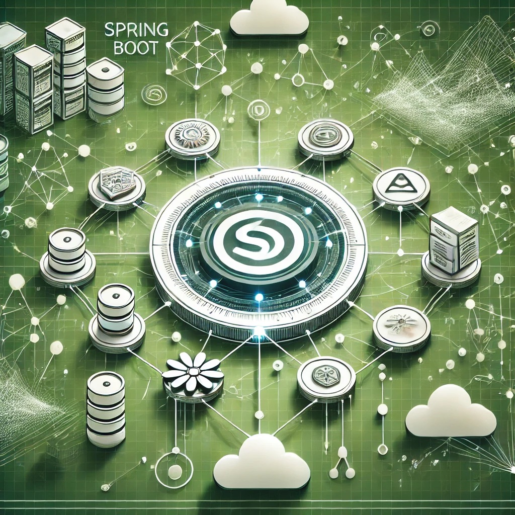 Abstract illustration of microservices architecture featuring interconnected nodes and lines, symbolizing scalability and efficiency, with a central Spring Boot logo surrounded by icons representing APIs, cloud computing, and Docker containers. The design uses a green and white color scheme, reflecting Spring Boot's theme.