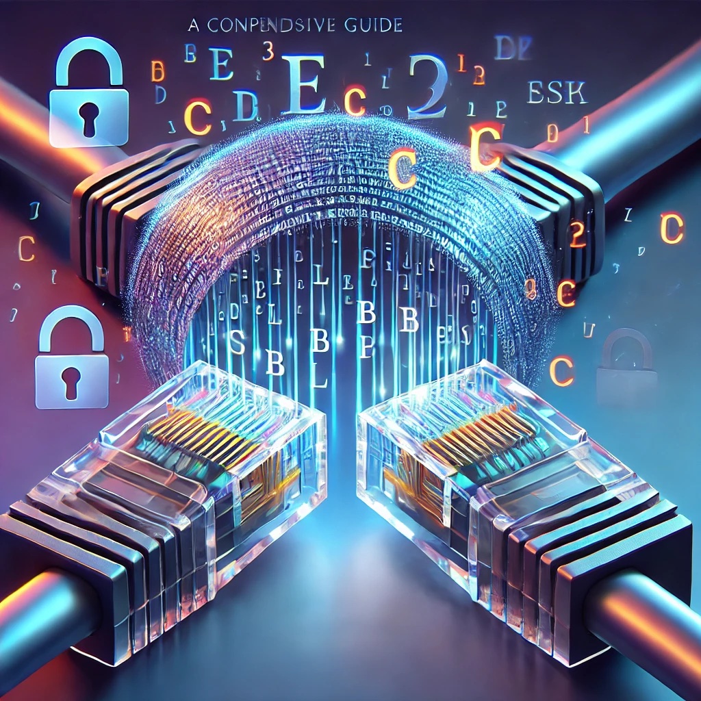 An illustration showing data transferring securely inside a transparent LAN cable with abstracted English letters and numbers. The cable is surrounded by padlock symbols, representing encryption, set against a gradient blue-to-purple background to emphasize the concept of SSL certificates and secure data transmission.