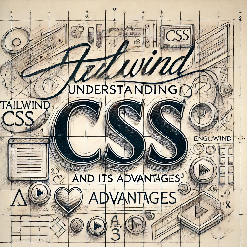 Hand-drawn educational illustration featuring the title 'Tailwind CSS' in neat, handwritten letters. The background includes sketch-style elements representing CSS design, such as buttons, text fields, and layout grids, symbolizing the simplicity and flexibility of Tailwind CSS. The image has a modern, minimalistic aesthetic, blending technical concepts with artistic design.