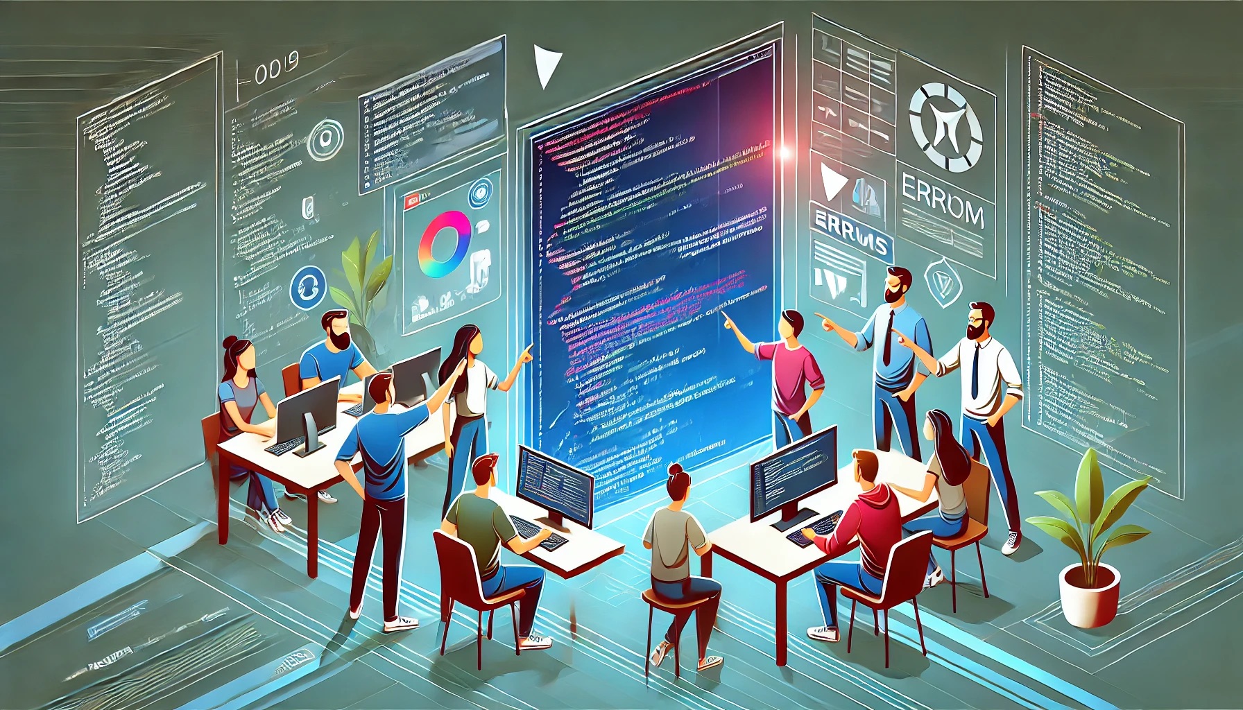 A modern, tech-inspired illustration showing a diverse group of software developers collaborating around a large computer screen displaying lines of code and error messages. The developers are actively pointing and discussing solutions, symbolizing teamwork and problem-solving in programming. The design features clean, minimalistic lines, vibrant colors, and subtle futuristic elements like glowing interfaces, creating a dynamic and innovative atmosphere in a cutting-edge software environment.